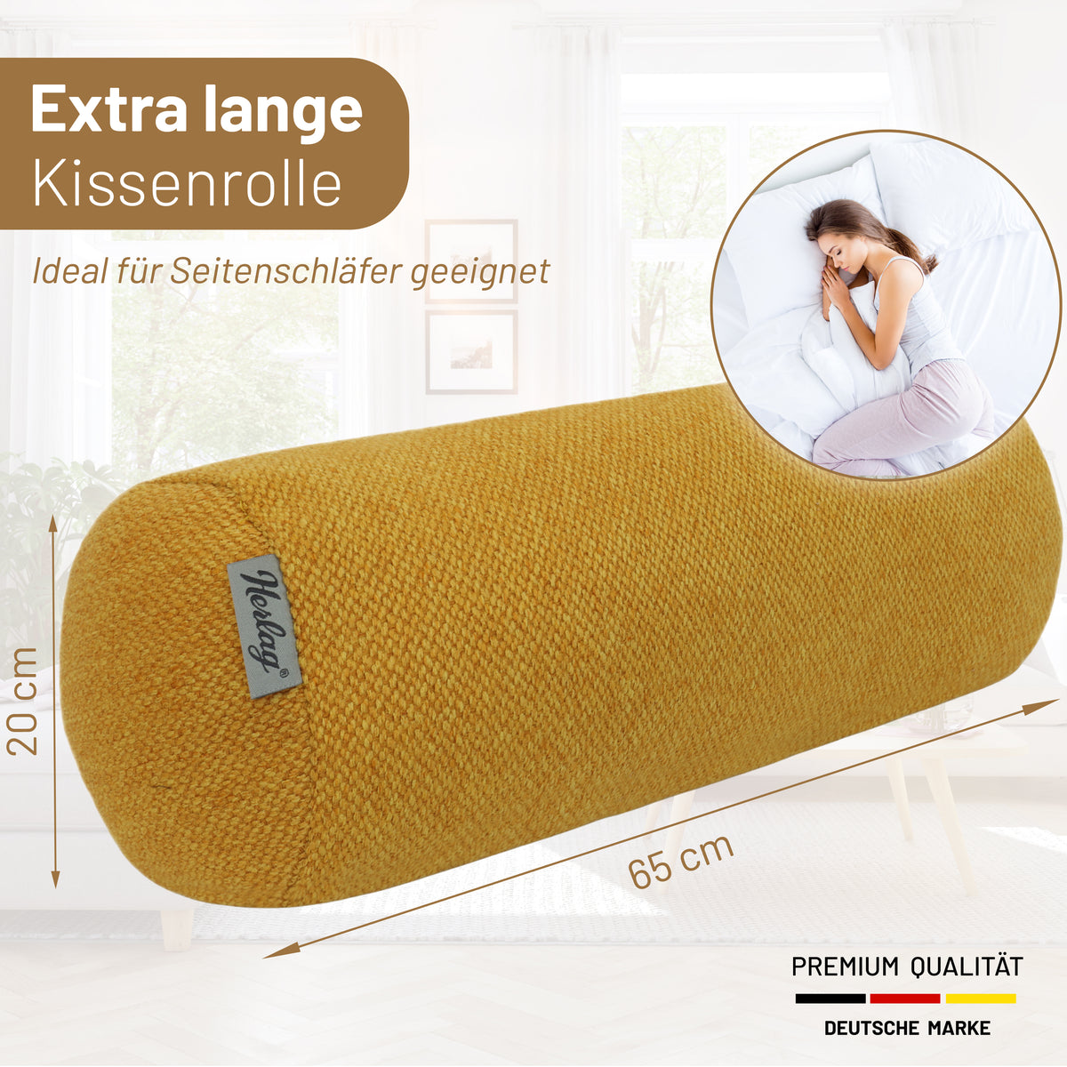 Kissenrolle LUXE Senfgelb 65x20 cm – Nackenrolle & Reisekissen – Herlag