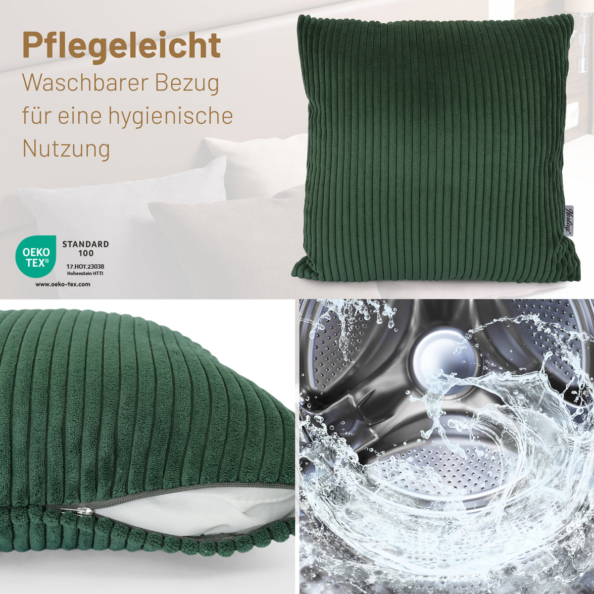 Cord-Dekokissen ELLA 40x40cm Dunkelgrün – waschbar, Öko-Tex – Herlag