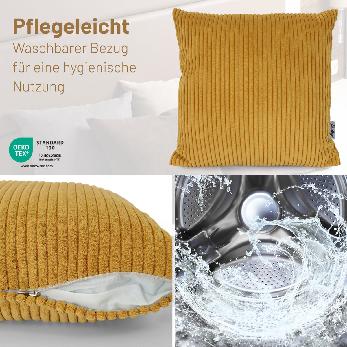 Cord-Dekokissen ELLA 50x50cm Senfgelb – waschbar, Öko-Tex – Herlag
