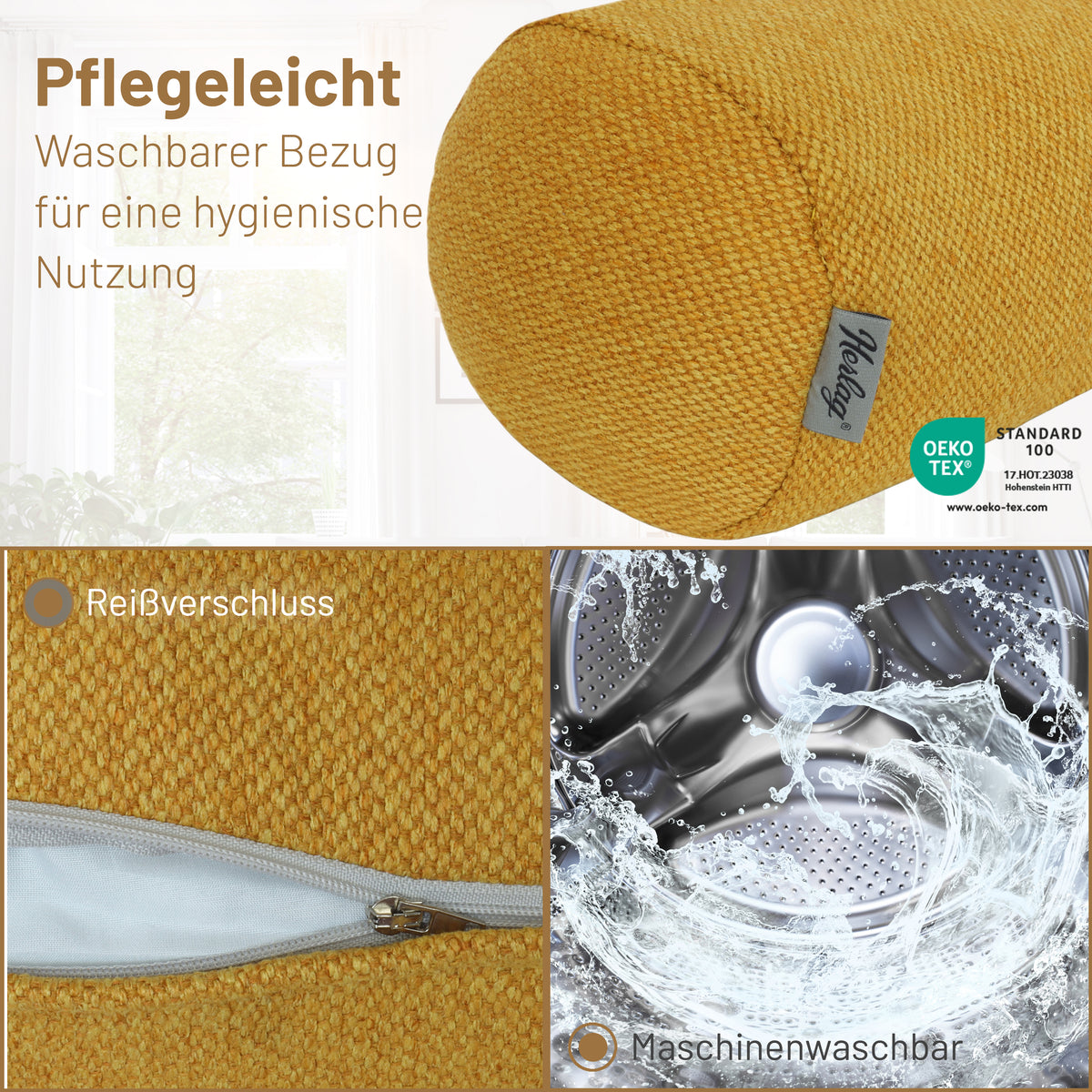 Kissenrolle LUXE Senfgelb 65x20 cm – Nackenrolle & Reisekissen – Herlag